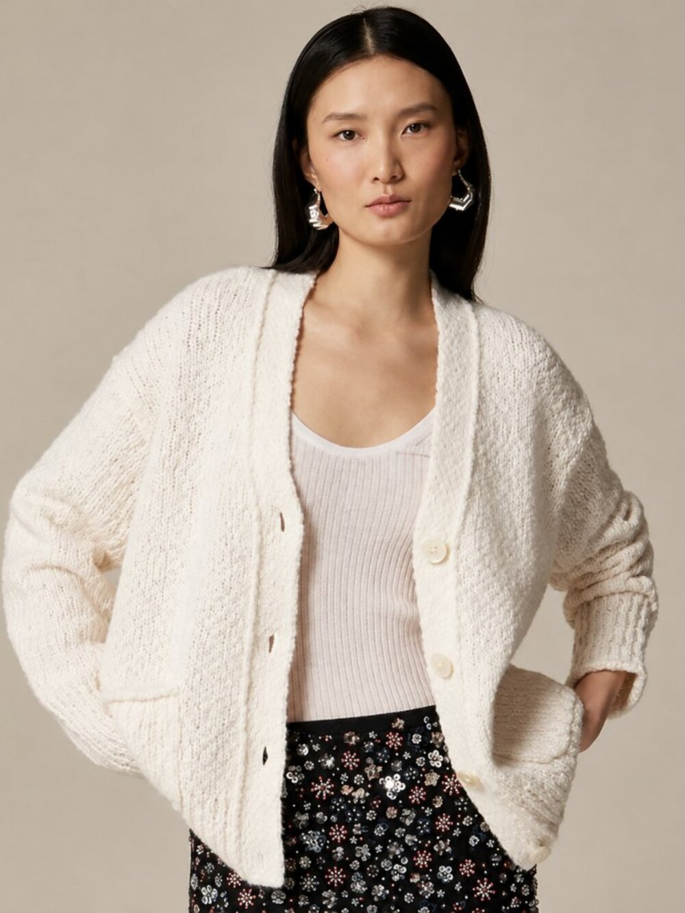 NWT J.Crew Relaxed Cardigan Textured Yarn Wool Alpaca Ivory Oversized Sweater S